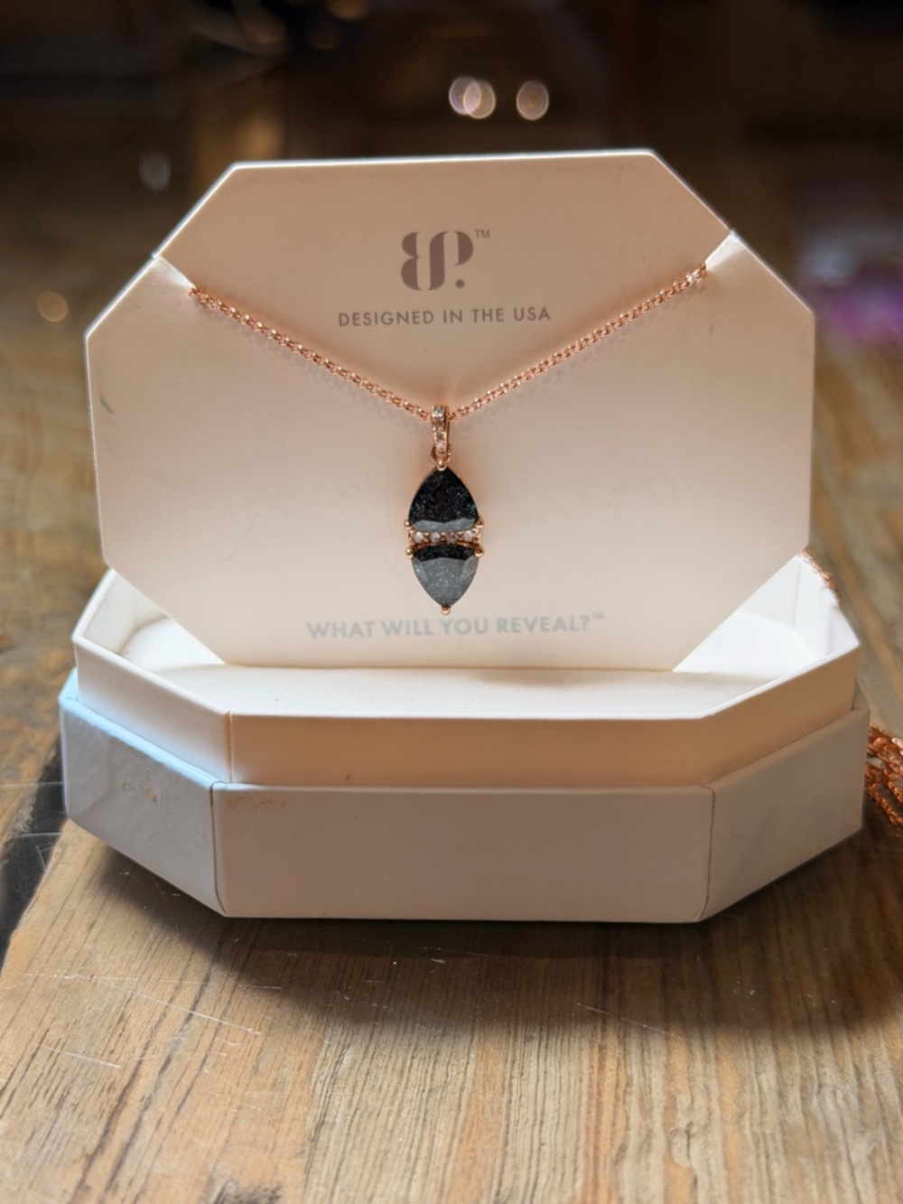 Bomb Party! Rose Gold Necklace with Black/Gray Sparkly Druzy Marquise Pendant